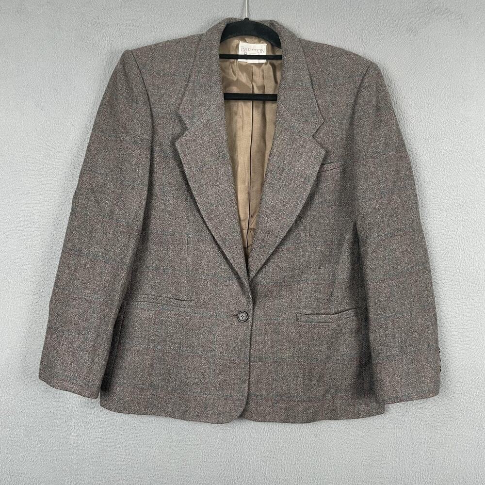 Vintage Bretton Place Blazer Womens 12 Brown Plaid Suit Jacket Made USA 90s
